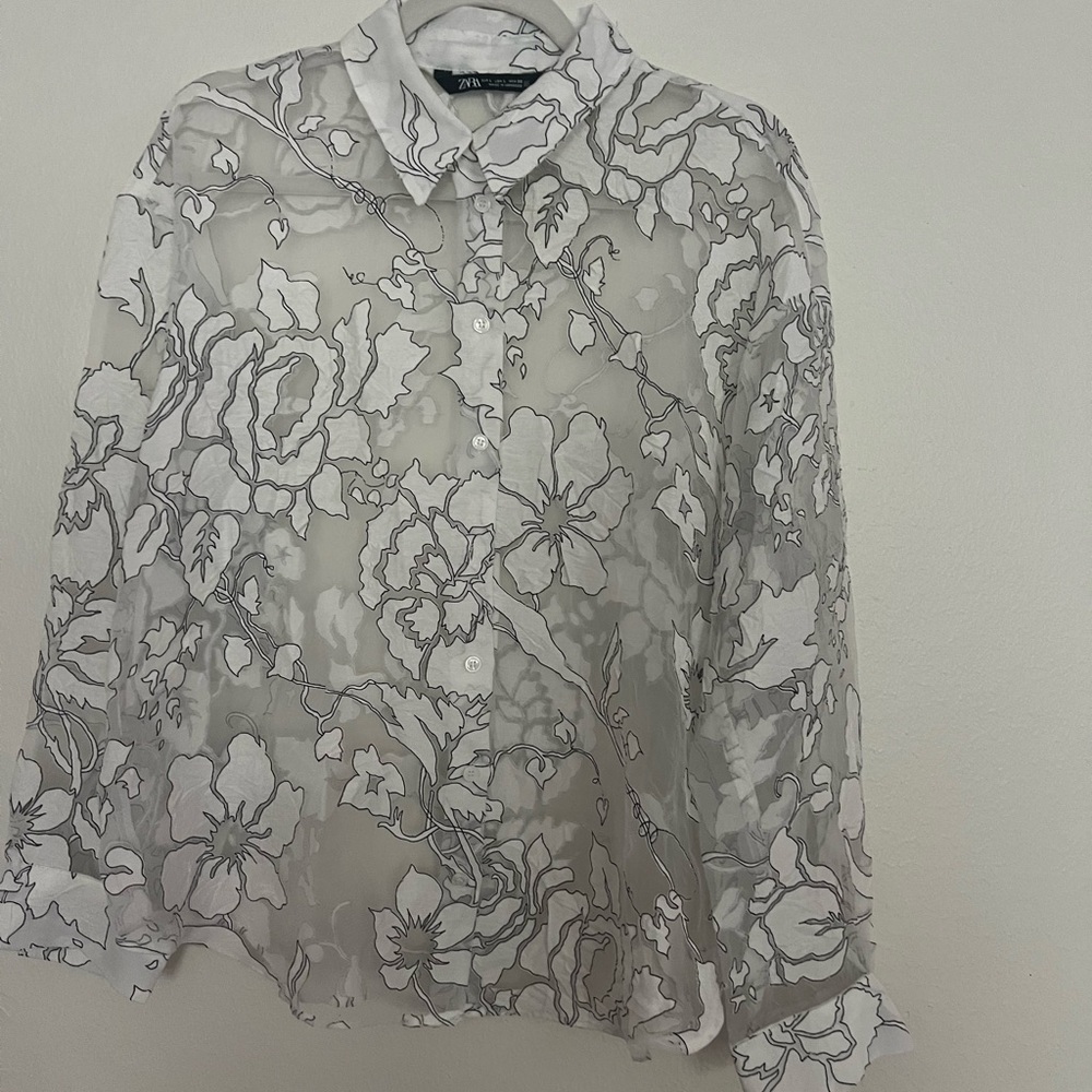Zara Floral Sheer Blouse - White and black